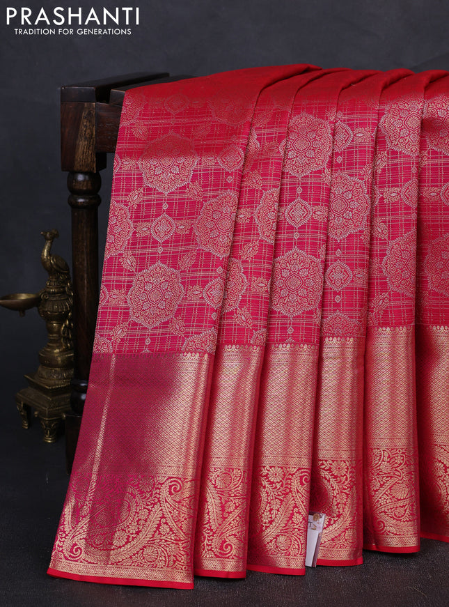 Pure kanchipuram silk saree pink with allover zari woven brocade weaves and rich zari woven paisley border