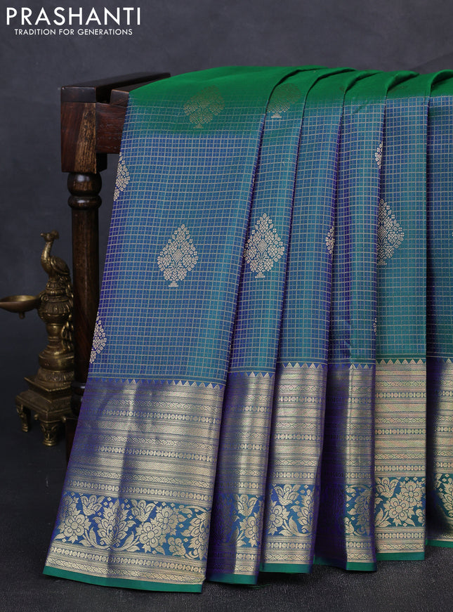 Pure kanchipuram silk saree dual shade of greenish blue with allover zari woven brocade weaves and rich zari woven border