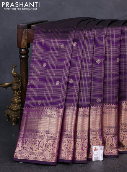 Pure kanchipuram silk saree deep purple with allover zari woven brocade weaves and rich zari woven border