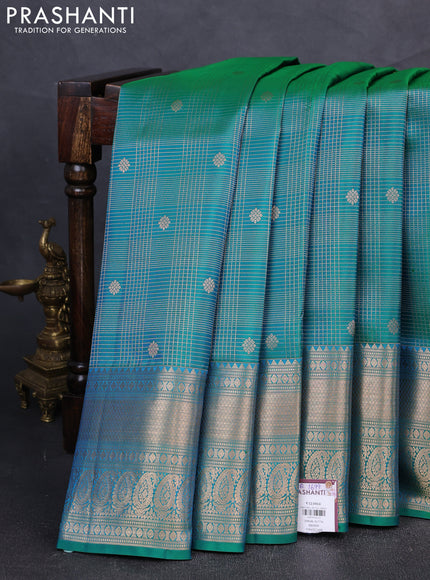 Pure kanchipuram silk saree dual shade of teal green with allover zari woven brocade weaves and rich zari woven border
