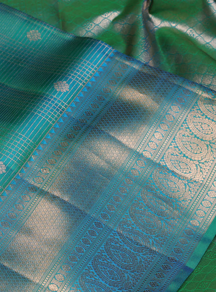 Pure kanchipuram silk saree dual shade of teal green with allover zari woven brocade weaves and rich zari woven border
