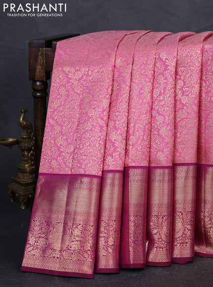 Pure kanchipuram silk saree mild peach pink and wine shade with allover zari woven brocade weaves and rich zari woven border