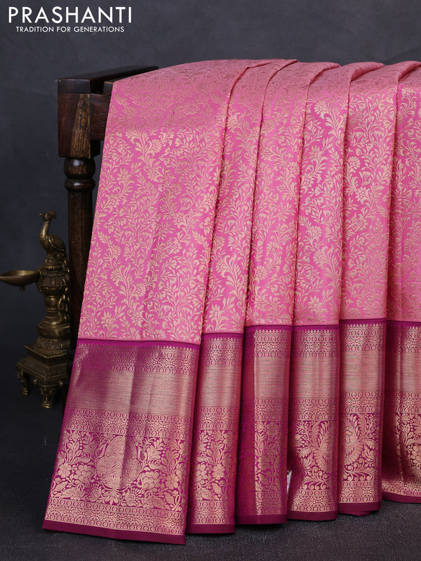 Pure kanchipuram silk saree mild peach pink and wine shade with allover zari woven brocade weaves and rich zari woven border