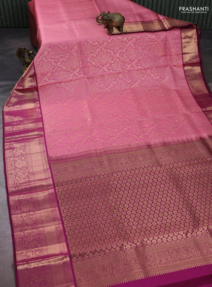 Pure kanchipuram silk saree mild peach pink and wine shade with allover zari woven brocade weaves and rich zari woven border