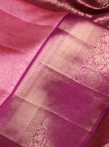 Pure kanchipuram silk saree mild peach pink and wine shade with allover zari woven brocade weaves and rich zari woven border