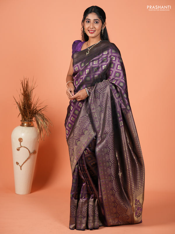 Pure kanchipuram silk saree purple with allover zari woven brocade weaves and long rich zari woven border