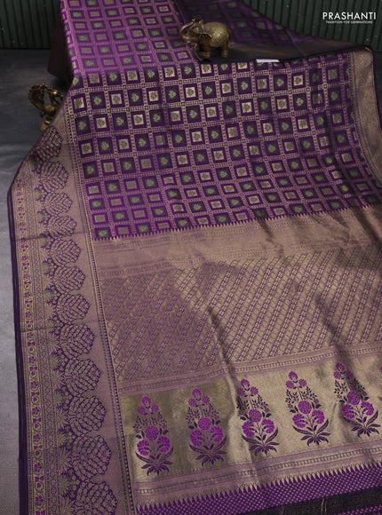 Pure kanchipuram silk saree purple with allover zari woven brocade weaves and long rich zari woven border