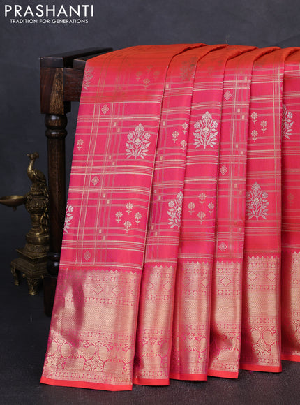 Pure kanchipuram silk saree dual shade of pinkish orange with allover zari woven brocade weaves and rich zari woven border