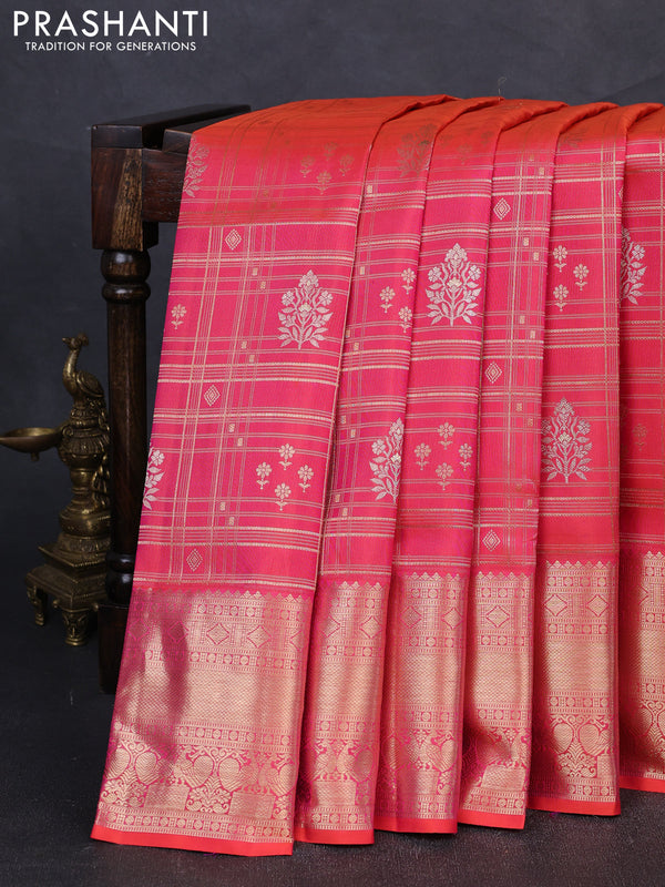 Pure kanchipuram silk saree dual shade of pinkish orange with allover zari woven brocade weaves and rich zari woven border