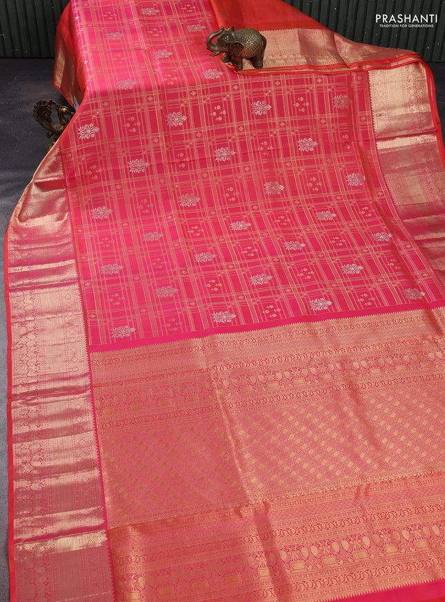 Pure kanchipuram silk saree dual shade of pinkish orange with allover zari woven brocade weaves and rich zari woven border