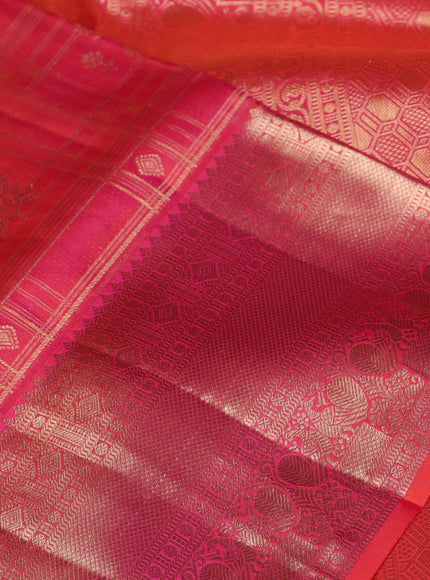 Pure kanchipuram silk saree dual shade of pinkish orange with allover zari woven brocade weaves and rich zari woven border
