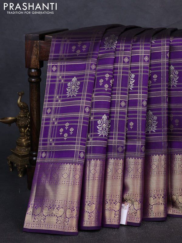 Pure kanchipuram silk saree violet with allover zari woven brocade weaves and rich zari woven border