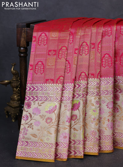 Pure kanchipuram silk saree pink and dual shade of mustard with allover zari woven brocade weaves and rich zari woven meenakari border