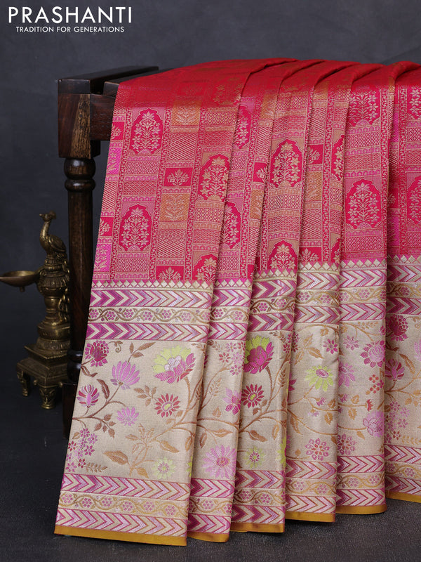 Pure kanchipuram silk saree pink and dual shade of mustard with allover zari woven brocade weaves and rich zari woven meenakari border