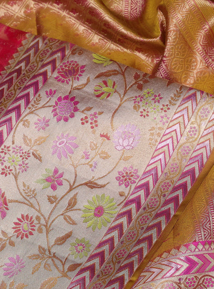 Pure kanchipuram silk saree pink and dual shade of mustard with allover zari woven brocade weaves and rich zari woven meenakari border