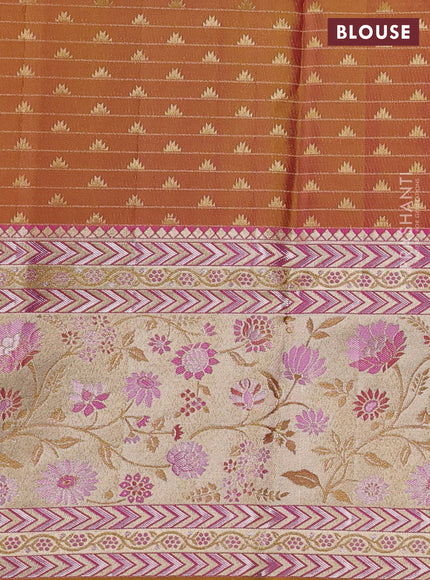 Pure kanchipuram silk saree pink and dual shade of mustard with allover zari woven brocade weaves and rich zari woven meenakari border
