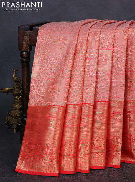 Pure kanchipuram silk saree peach shade and orange with allover zari woven brocade weaves and rich zari woven border