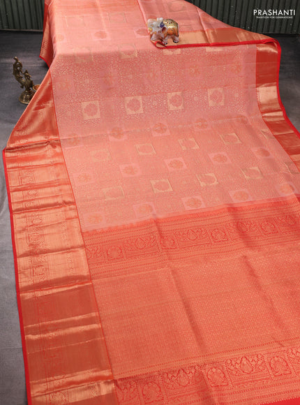 Pure kanchipuram silk saree peach shade and orange with allover zari woven brocade weaves and rich zari woven border