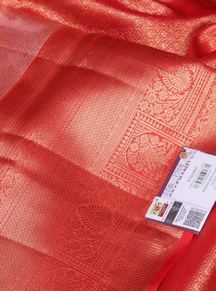 Pure kanchipuram silk saree peach shade and orange with allover zari woven brocade weaves and rich zari woven border