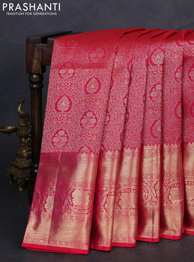 Pure kanchipuram silk saree pink with allover zari woven brocade weaves and rich zari woven border