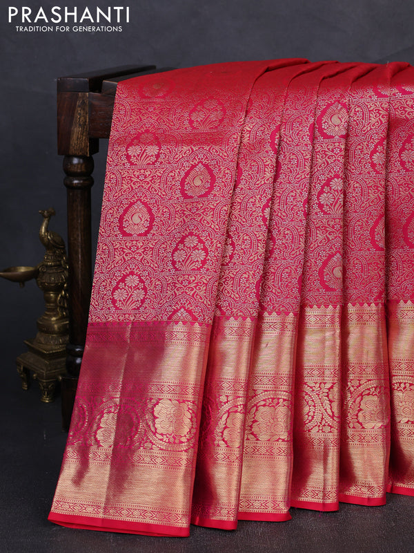 Pure kanchipuram silk saree pink with allover zari woven brocade weaves and rich zari woven border