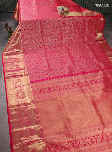 Pure kanchipuram silk saree pink with allover zari woven brocade weaves and rich zari woven border