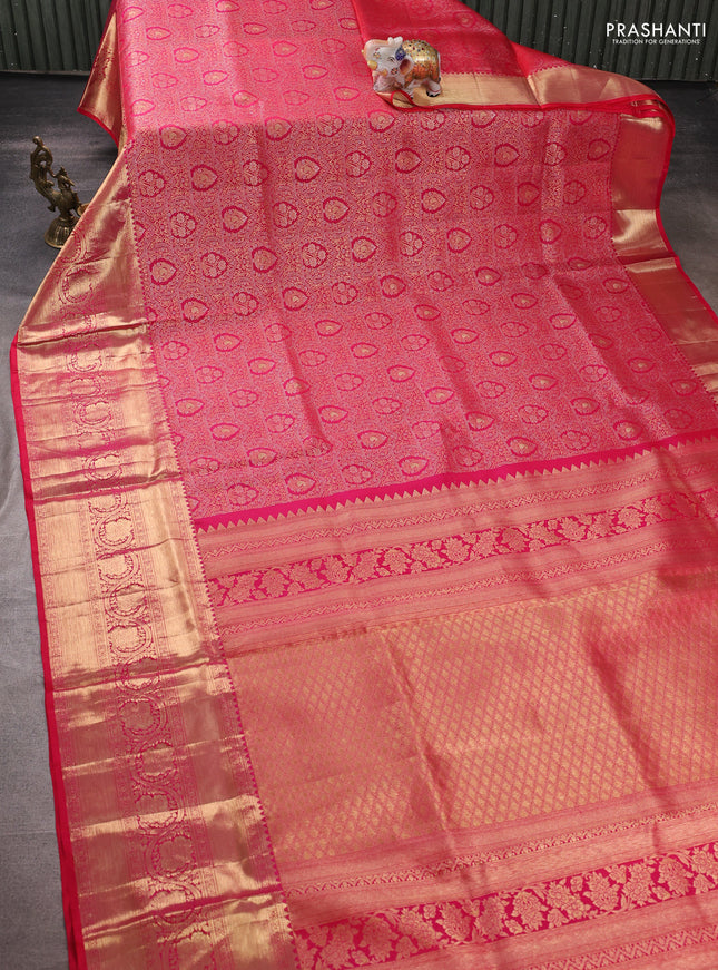 Pure kanchipuram silk saree pink with allover zari woven brocade weaves and rich zari woven border