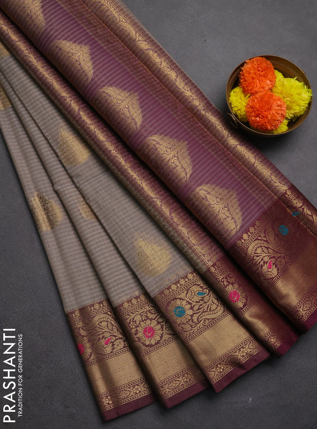 Banarasi semi dupion saree grey and wine shade with thread & zari woven buttas and woven border