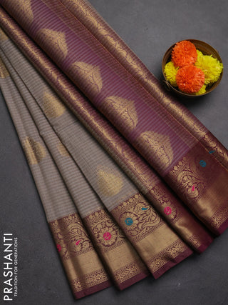 Banarasi semi dupion saree grey and wine shade with thread & zari woven buttas and woven border