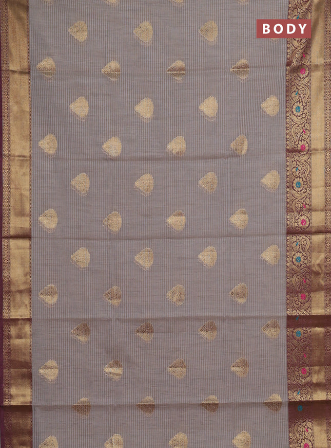 Banarasi semi dupion saree grey and wine shade with thread & zari woven buttas and woven border