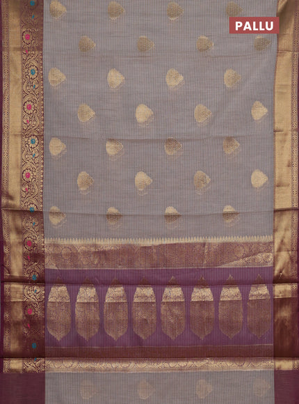 Banarasi semi dupion saree grey and wine shade with thread & zari woven buttas and woven border