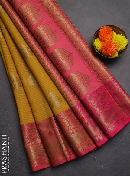 Banarasi semi dupion saree mustard yellow and pink with thread & zari woven buttas and woven border