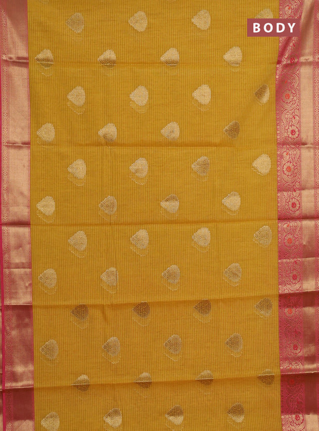 Banarasi semi dupion saree mustard yellow and pink with thread & zari woven buttas and woven border