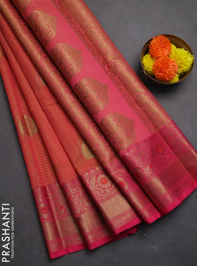 Banarasi semi dupion saree dual shade of yellow and pink with thread & zari woven buttas and woven border