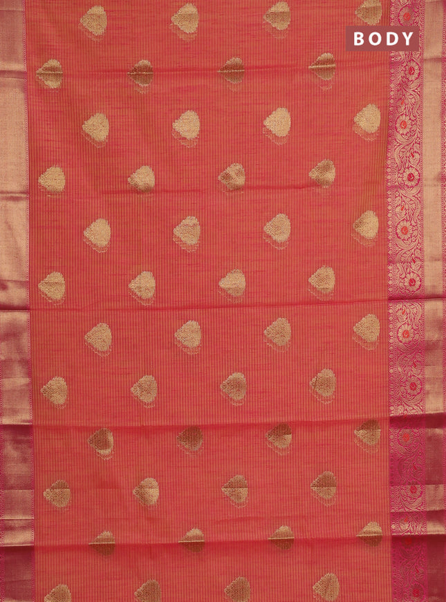 Banarasi semi dupion saree dual shade of yellow and pink with thread & zari woven buttas and woven border