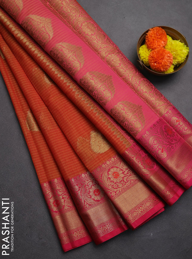 Banarasi semi dupion saree mustard shade and pink with thread & zari woven buttas and woven border