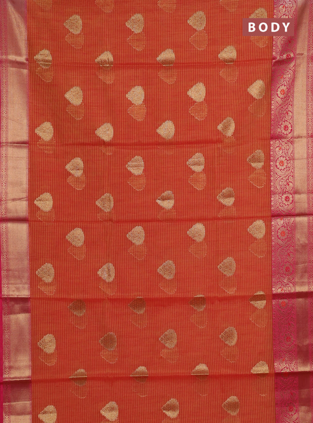 Banarasi semi dupion saree mustard shade and pink with thread & zari woven buttas and woven border