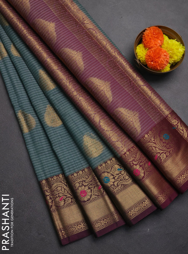 Banarasi semi dupion saree green shade and wine shade with thread & zari woven buttas and woven border