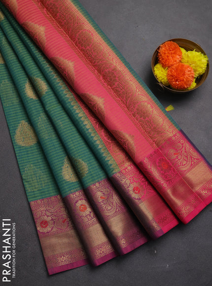 Banarasi semi dupion saree teal green and teal green with thread & zari woven buttas and woven border