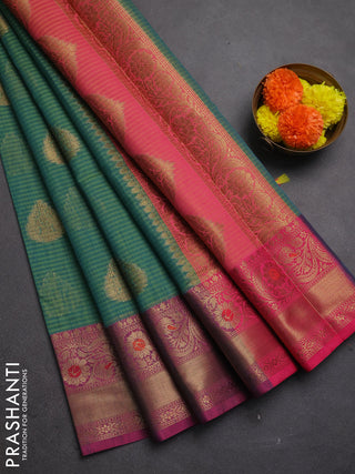 Banarasi semi dupion saree teal green and teal green with thread & zari woven buttas and woven border