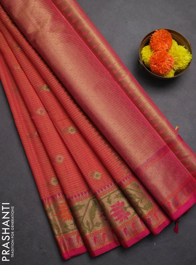 Banarasi semi dupion saree dual shade of yellow and pink with thread & zari woven buttas and zari woven border