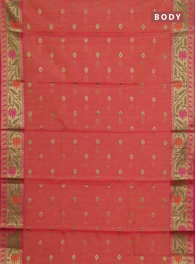 Banarasi semi dupion saree dual shade of yellow and pink with thread & zari woven buttas and zari woven border