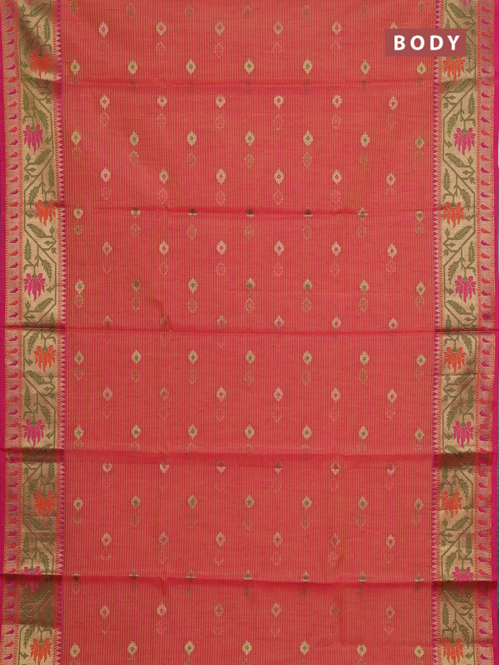 Banarasi semi dupion saree dual shade of yellow and pink with thread & zari woven buttas and zari woven border