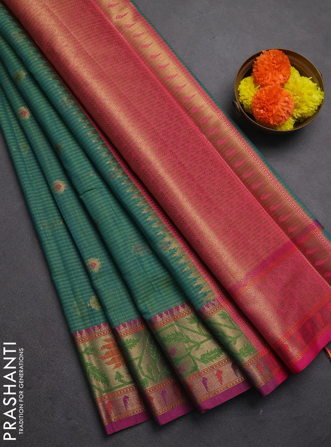 Banarasi semi dupion saree green and pink with thread & zari woven buttas and zari woven border