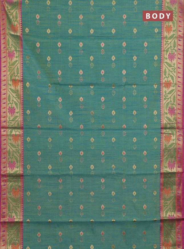 Banarasi semi dupion saree green and pink with thread & zari woven buttas and zari woven border
