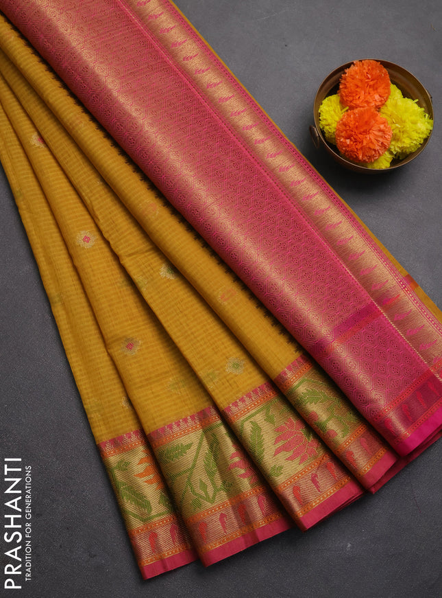 Banarasi semi dupion saree mustard yellow and pink with thread & zari woven buttas and zari woven border