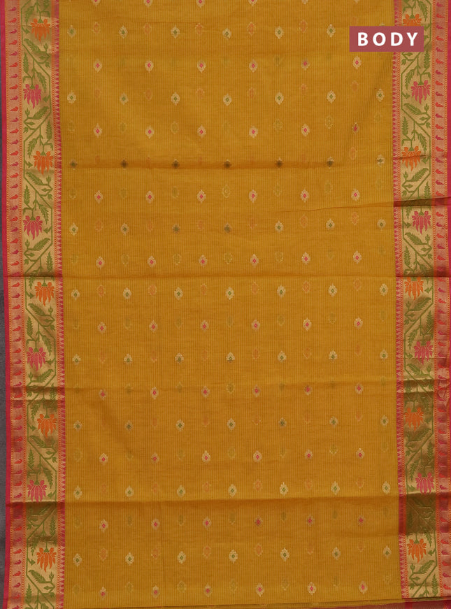 Banarasi semi dupion saree mustard yellow and pink with thread & zari woven buttas and zari woven border