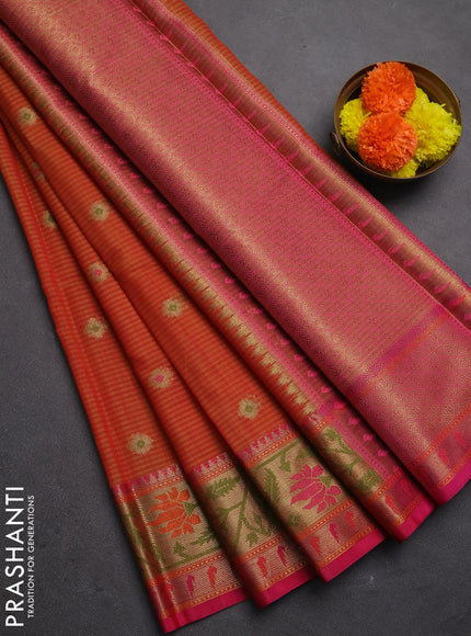 Banarasi semi dupion saree orange and pink with thread & zari woven buttas and zari woven border