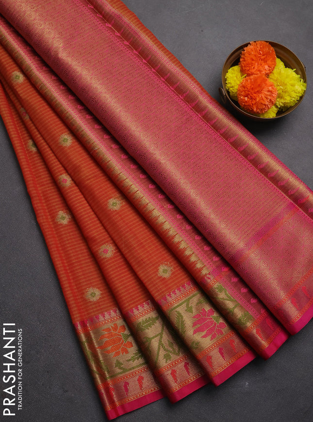 Banarasi semi dupion saree orange and pink with thread & zari woven buttas and zari woven border