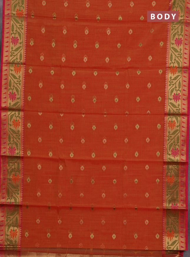 Banarasi semi dupion saree orange and pink with thread & zari woven buttas and zari woven border